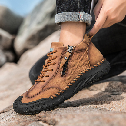 Men’s Outdoor Leather Shoes with Zipper – Waterproof, Arch Support & Wide Toe Comfort-tidenox
