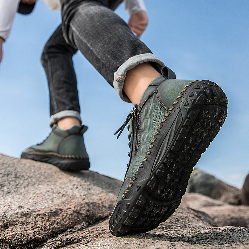 Men’s Outdoor Leather Shoes with Zipper – Waterproof, Arch Support & Wide Toe Comfort-tidenox