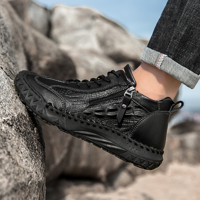 Men’s Outdoor Leather Shoes with Zipper – Waterproof, Arch Support & Wide Toe Comfort-tidenox