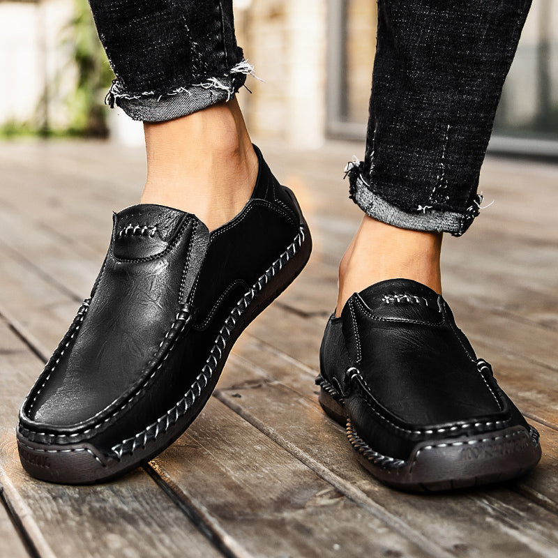🐂 Men's calf leather casual shoes 👞 Hand-stitched, easy to put on and take off ✅ Arch support, pain relief - comfortable walking-tidenox