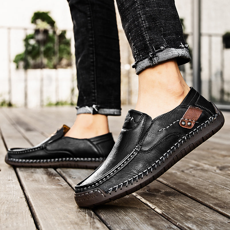 🐂 Men's calf leather casual shoes 👞 Hand-stitched, easy to put on and take off ✅ Arch support, pain relief - comfortable walking-tidenox
