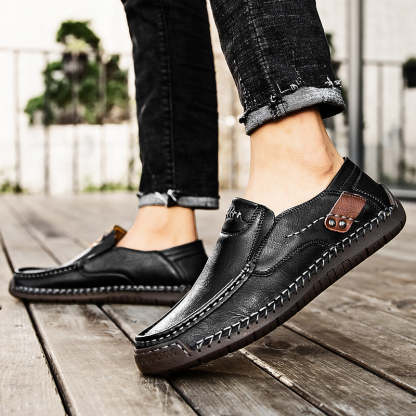 🐂 Men's calf leather casual shoes 👞 Hand-stitched, easy to put on and take off ✅ Arch support, pain relief - comfortable walking-tidenox