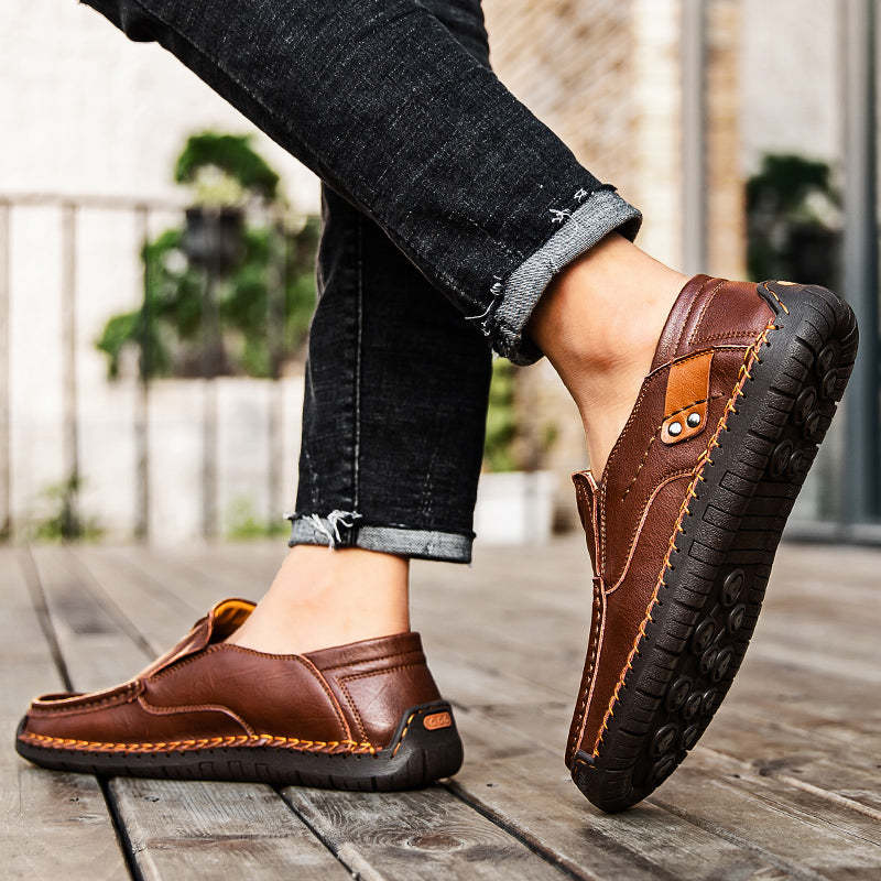 🐂 Men's calf leather casual shoes 👞 Hand-stitched, easy to put on and take off ✅ Arch support, pain relief - comfortable walking-tidenox