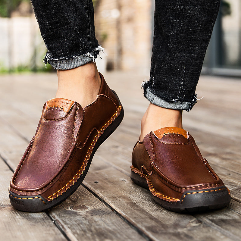 🐂 Men's calf leather casual shoes 👞 Hand-stitched, easy to put on and take off ✅ Arch support, pain relief - comfortable walking-tidenox