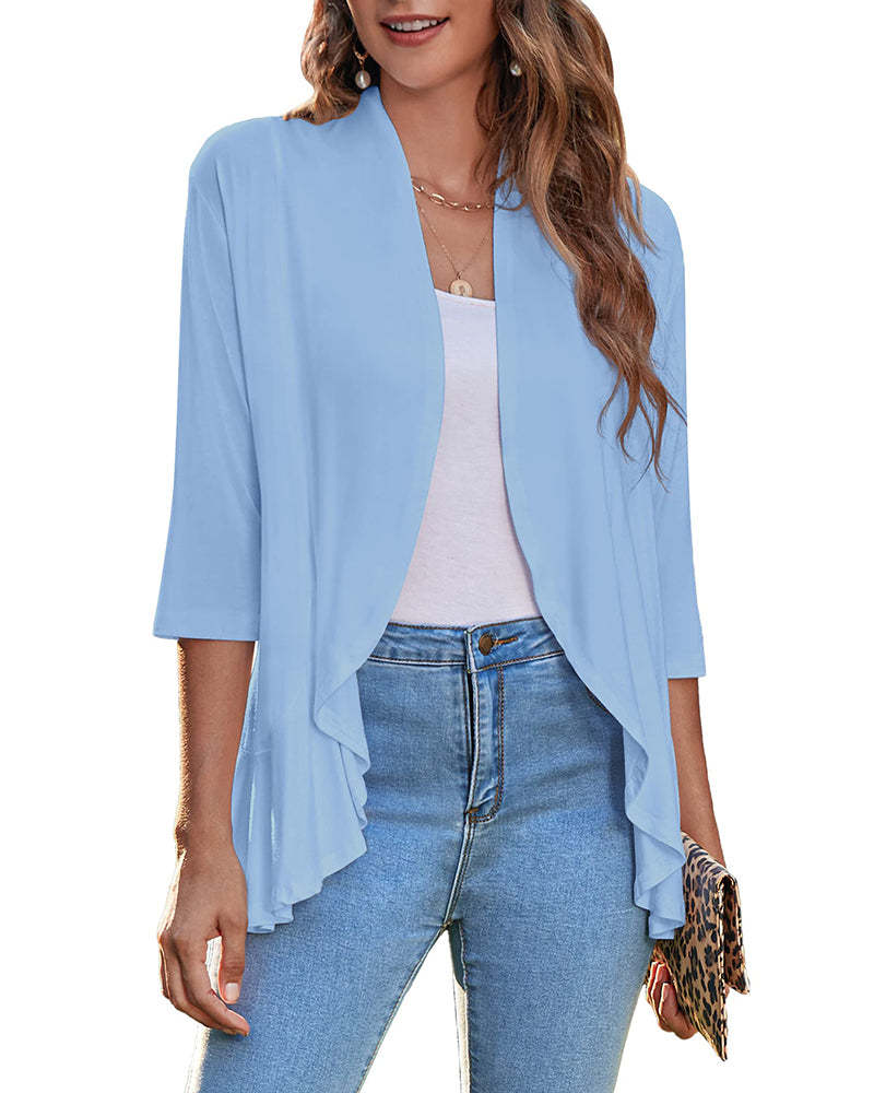 Women's Open Front Cardigan 3/4 Sleeve Draped Ruffles Soft Knit Sweaters - Zeagoo (Us Only)-tidenox