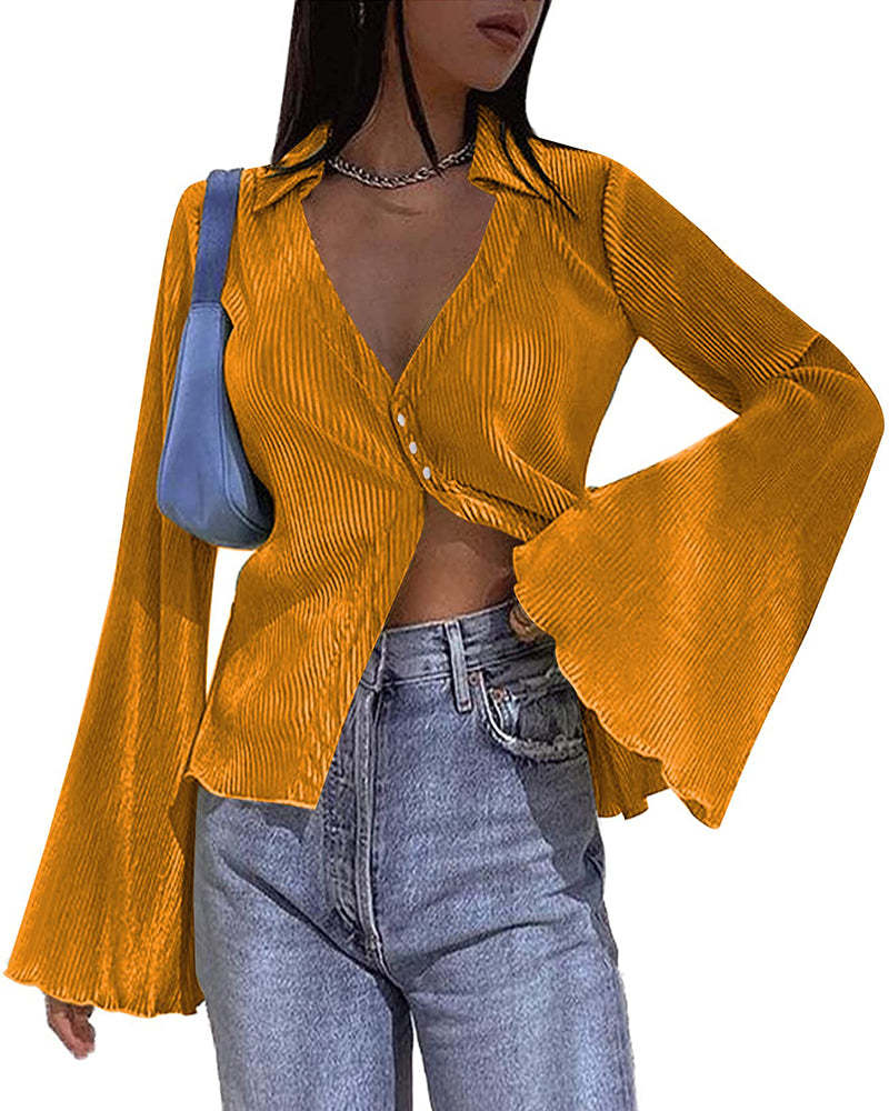 Women's Deep V Neck Shirt Button Front Blouse Bell Long Sleeve Tops - Zeagoo (Us Only)-tidenox