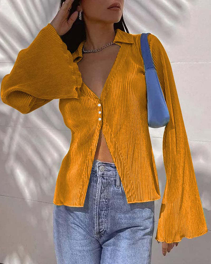 Women's Deep V Neck Shirt Button Front Blouse Bell Long Sleeve Tops - Zeagoo (Us Only)-tidenox