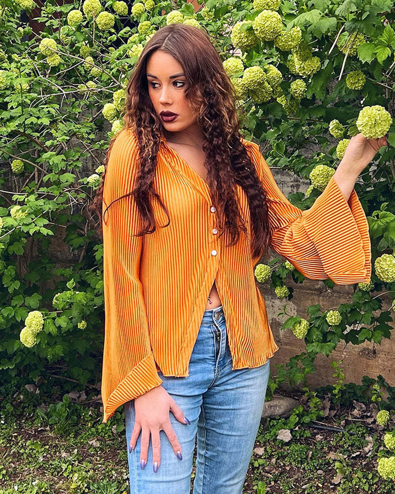 Women's Deep V Neck Shirt Button Front Blouse Bell Long Sleeve Tops - Zeagoo (Us Only)-tidenox