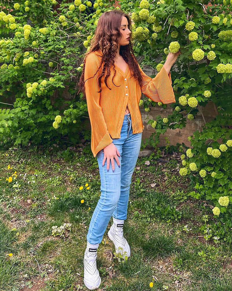 Women's Deep V Neck Shirt Button Front Blouse Bell Long Sleeve Tops - Zeagoo (Us Only)-tidenox