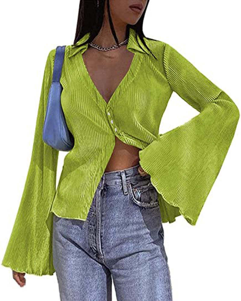 Women's Deep V Neck Shirt Button Front Blouse Bell Long Sleeve Tops - Zeagoo (Us Only)-tidenox