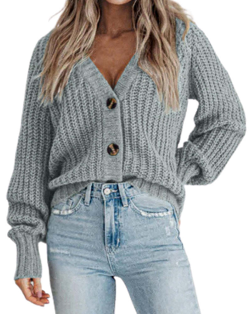 Zeagoo Women's 2023 Fall Chunky Knit Cardigans Open Front Long Sleeve V Neck Button Loose Cardigan Sweaters-tidenox