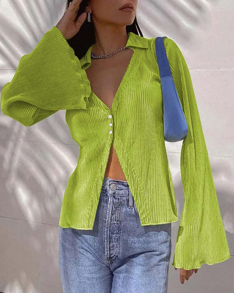 Women's Deep V Neck Shirt Button Front Blouse Bell Long Sleeve Tops - Zeagoo (Us Only)-tidenox