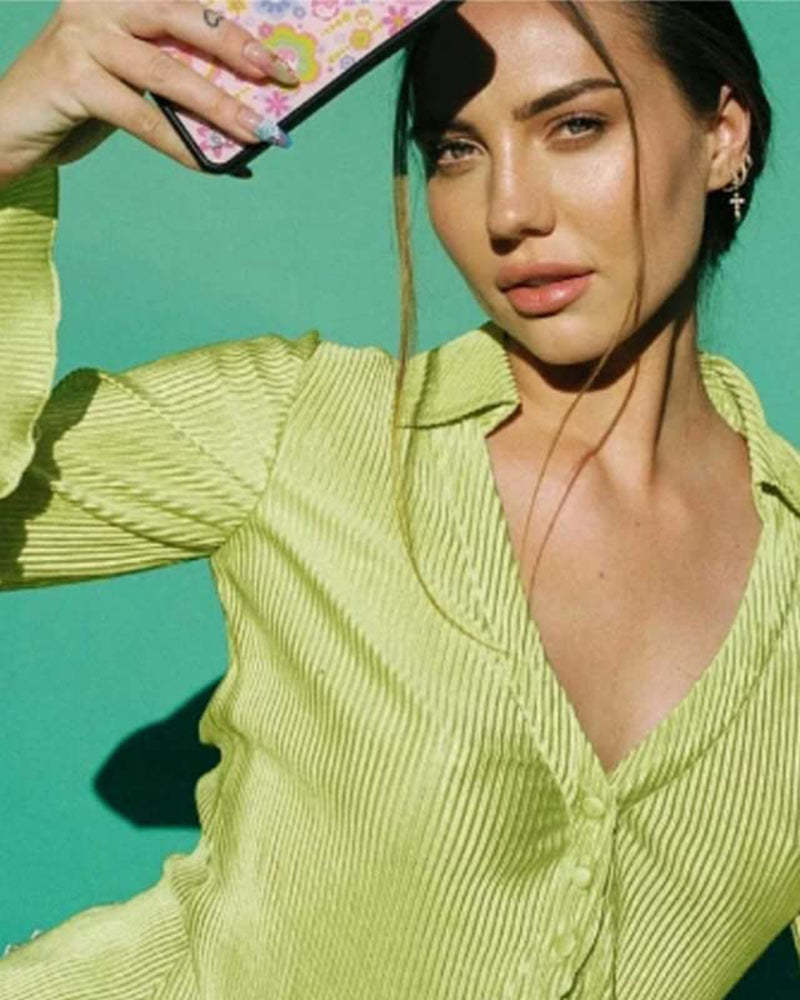 Women's Deep V Neck Shirt Button Front Blouse Bell Long Sleeve Tops - Zeagoo (Us Only)-tidenox