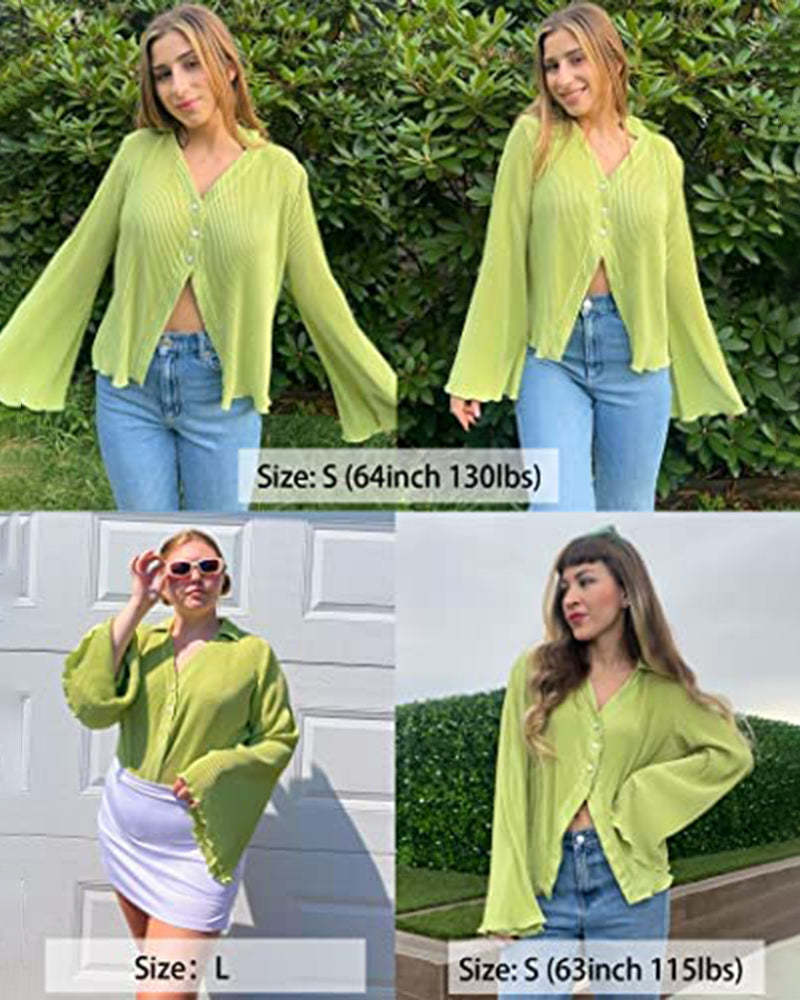 Women's Deep V Neck Shirt Button Front Blouse Bell Long Sleeve Tops - Zeagoo (Us Only)-tidenox