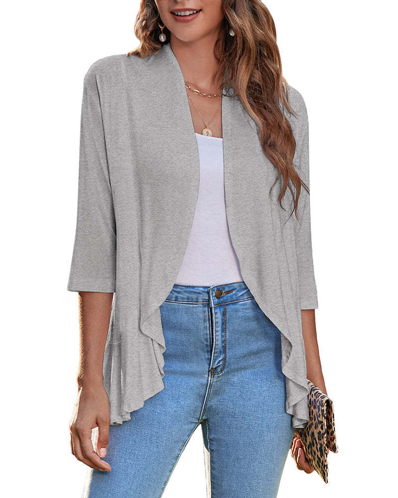 Women's Open Front Cardigan 3/4 Sleeve Draped Ruffles Soft Knit Sweaters - Zeagoo (Us Only)-tidenox