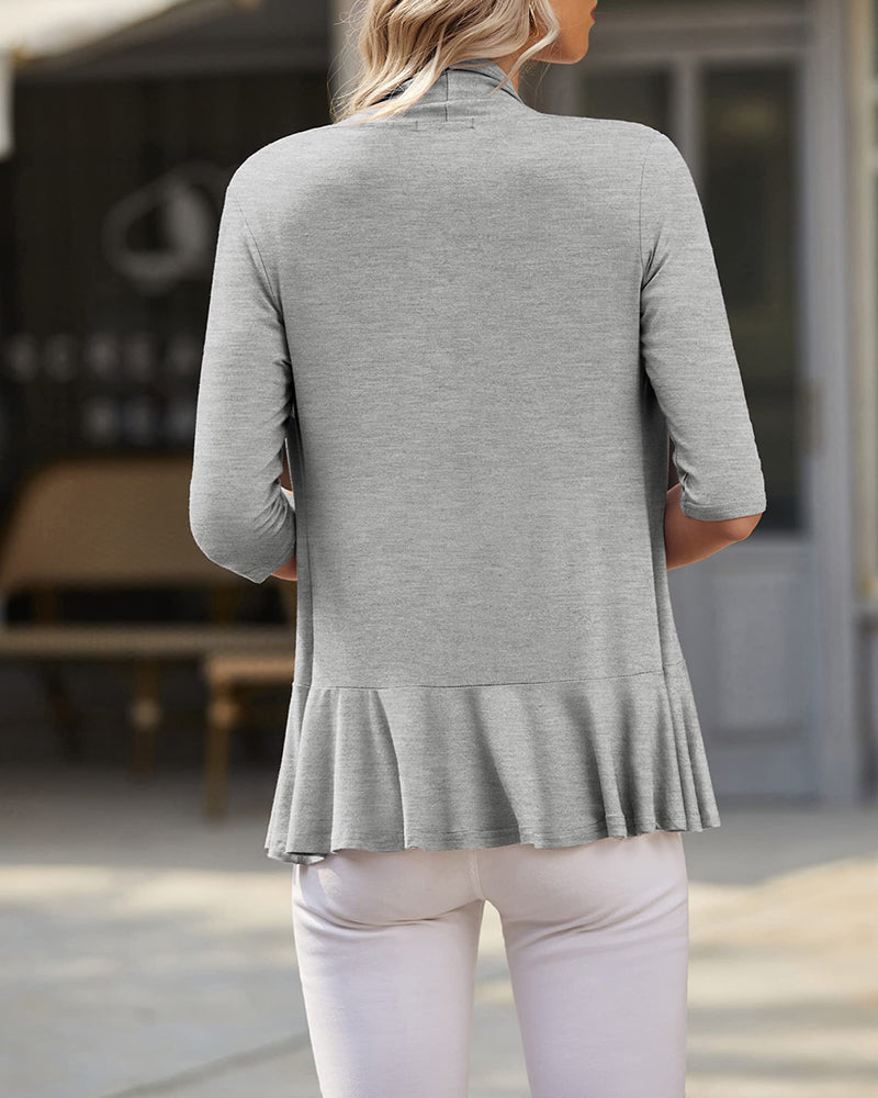 Women's Open Front Cardigan 3/4 Sleeve Draped Ruffles Soft Knit Sweaters - Zeagoo (Us Only)-tidenox