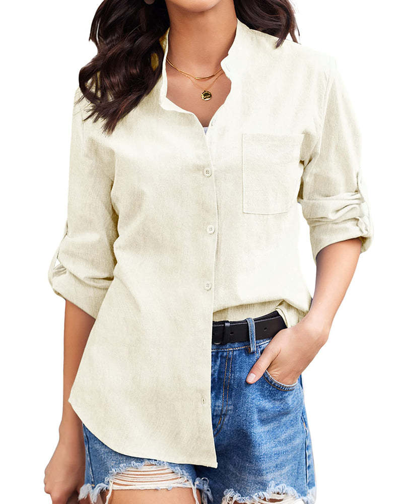 Women Cotton Linen Shirts Beach V Neck Roll Up Sleeve Button Down Blouses Shirts Summer Casual Dress Tops - Zeagoo (Us Only)-tidenox