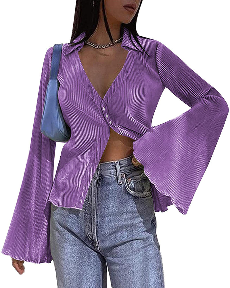 Women's Deep V Neck Shirt Button Front Blouse Bell Long Sleeve Tops - Zeagoo (Us Only)-tidenox