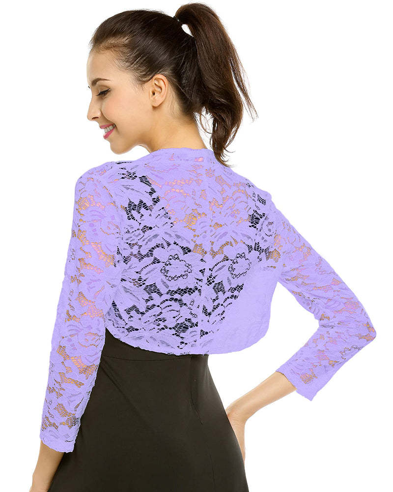 Women's 3 4 Sleeve Bolero Shrugs Crochet Lace Open Cardigan - Zeagoo (Us Only)-tidenox