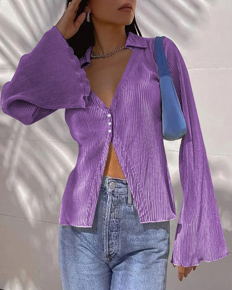 Women's Deep V Neck Shirt Button Front Blouse Bell Long Sleeve Tops - Zeagoo (Us Only)-tidenox