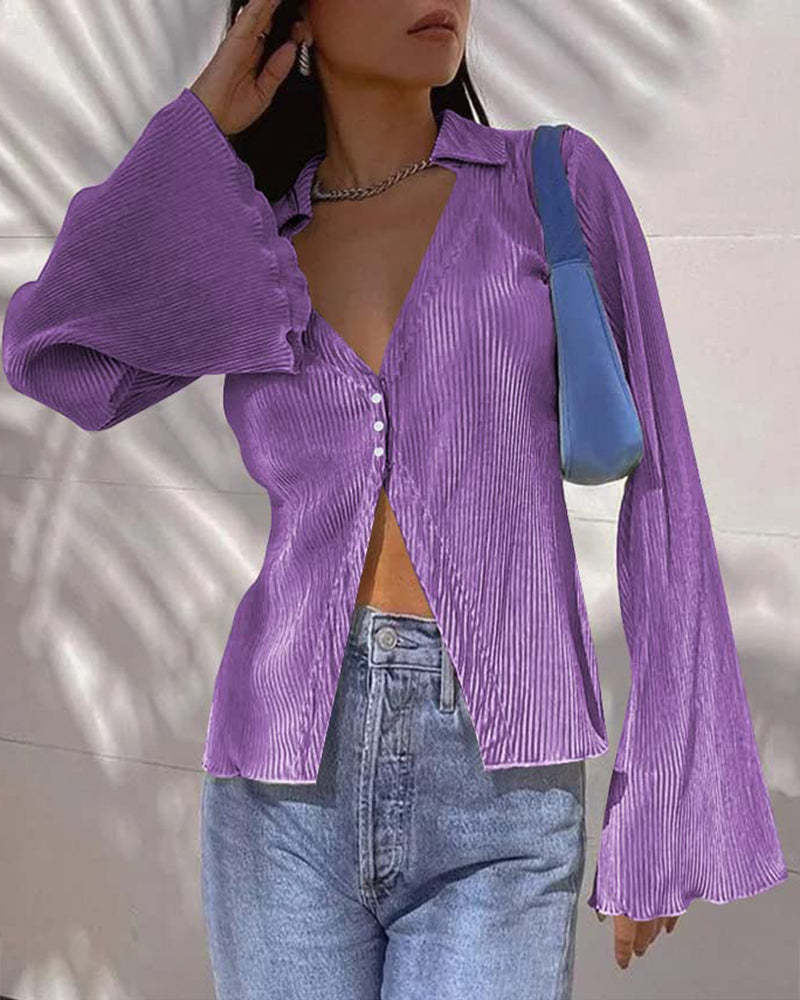 Women's Deep V Neck Shirt Button Front Blouse Bell Long Sleeve Tops - Zeagoo (Us Only)-tidenox