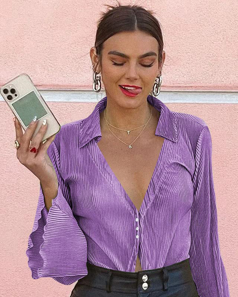 Women's Deep V Neck Shirt Button Front Blouse Bell Long Sleeve Tops - Zeagoo (Us Only)-tidenox