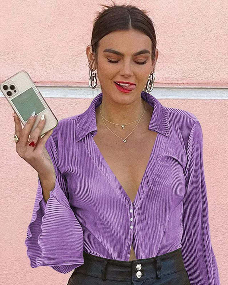 Women's Deep V Neck Shirt Button Front Blouse Bell Long Sleeve Tops - Zeagoo (Us Only)-tidenox