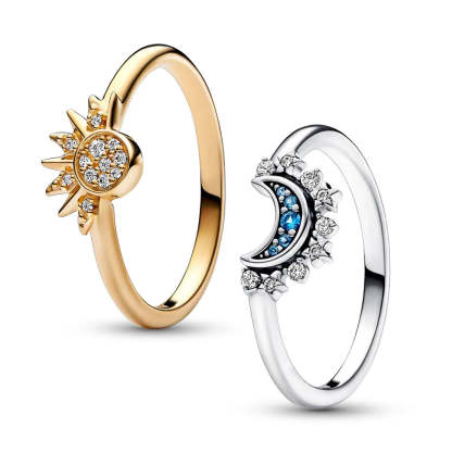 Celestial Crystal Ring Duo: Sun & Moon Design-tidenox