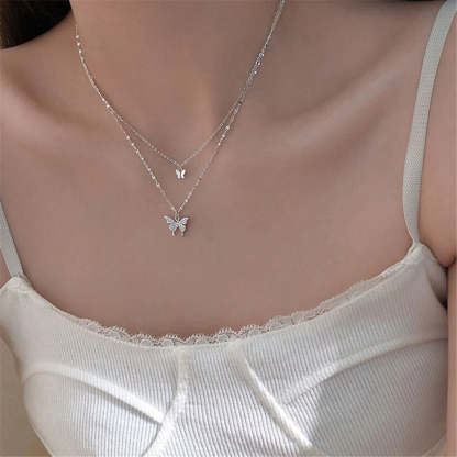 Elegant Silver Necklace Set Featuring a Dazzling Butterfly Design-tidenox
