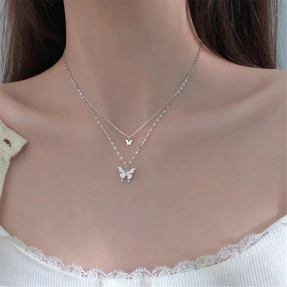 Elegant Silver Necklace Set Featuring a Dazzling Butterfly Design-tidenox