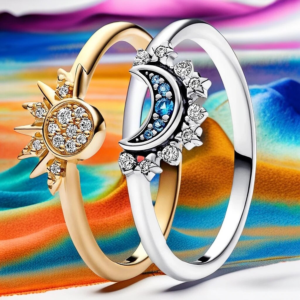 Celestial Crystal Ring Duo: Sun & Moon Design-tidenox
