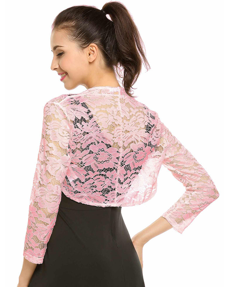 Women's 3 4 Sleeve Bolero Shrugs Crochet Lace Open Cardigan - Zeagoo (Us Only)-tidenox