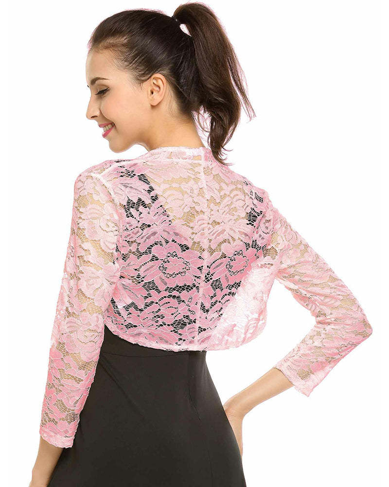 Women's 3 4 Sleeve Bolero Shrugs Crochet Lace Open Cardigan - Zeagoo (Us Only)-tidenox