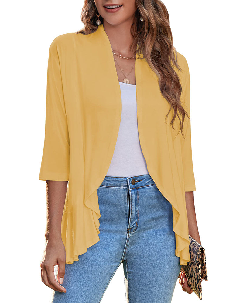 Women's Open Front Cardigan 3/4 Sleeve Draped Ruffles Soft Knit Sweaters - Zeagoo (Us Only)-tidenox