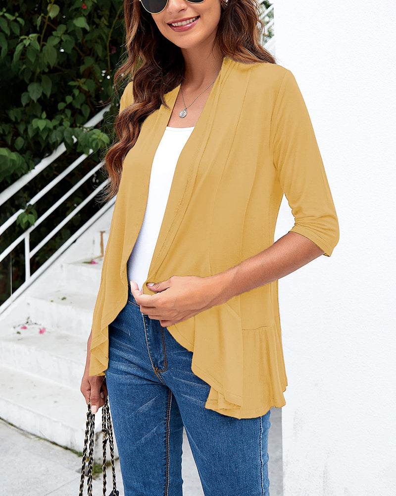 Women's Open Front Cardigan 3/4 Sleeve Draped Ruffles Soft Knit Sweaters - Zeagoo (Us Only)-tidenox