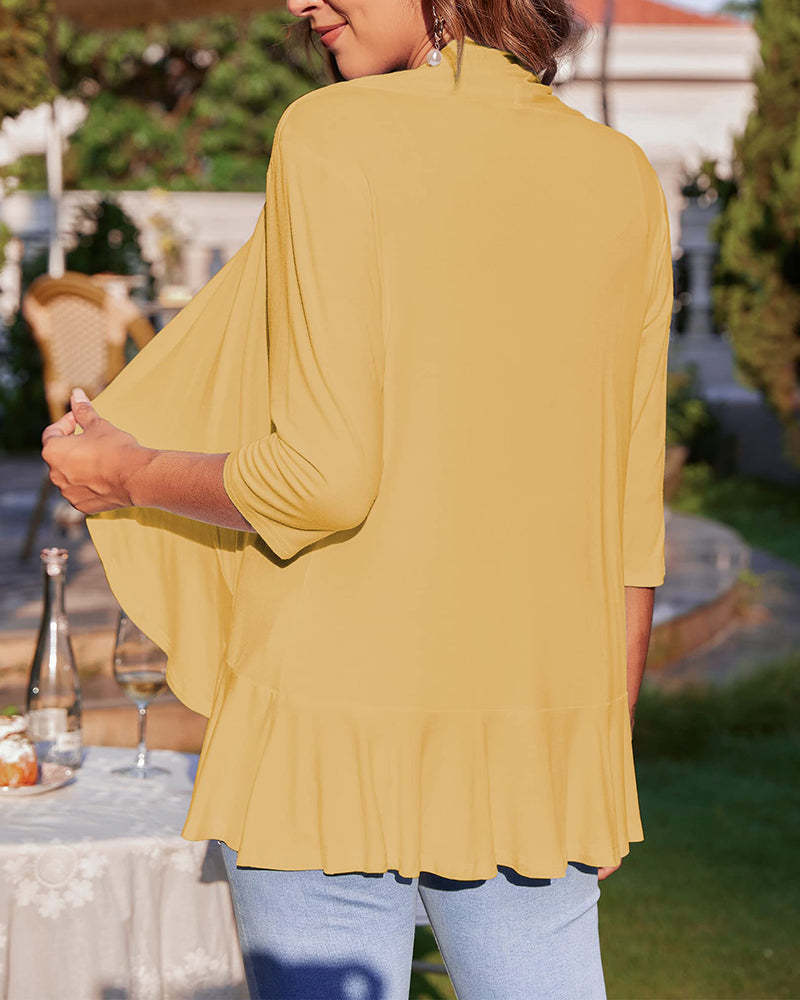 Women's Open Front Cardigan 3/4 Sleeve Draped Ruffles Soft Knit Sweaters - Zeagoo (Us Only)-tidenox