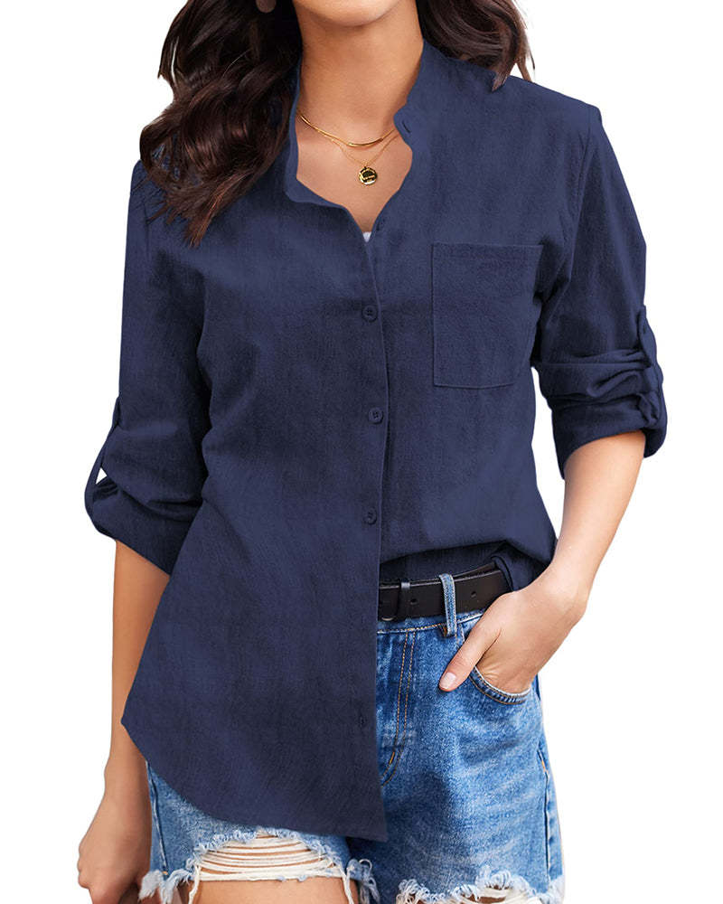 Women Cotton Linen Shirts Beach V Neck Roll Up Sleeve Button Down Blouses Shirts Summer Casual Dress Tops - Zeagoo (Us Only)-tidenox