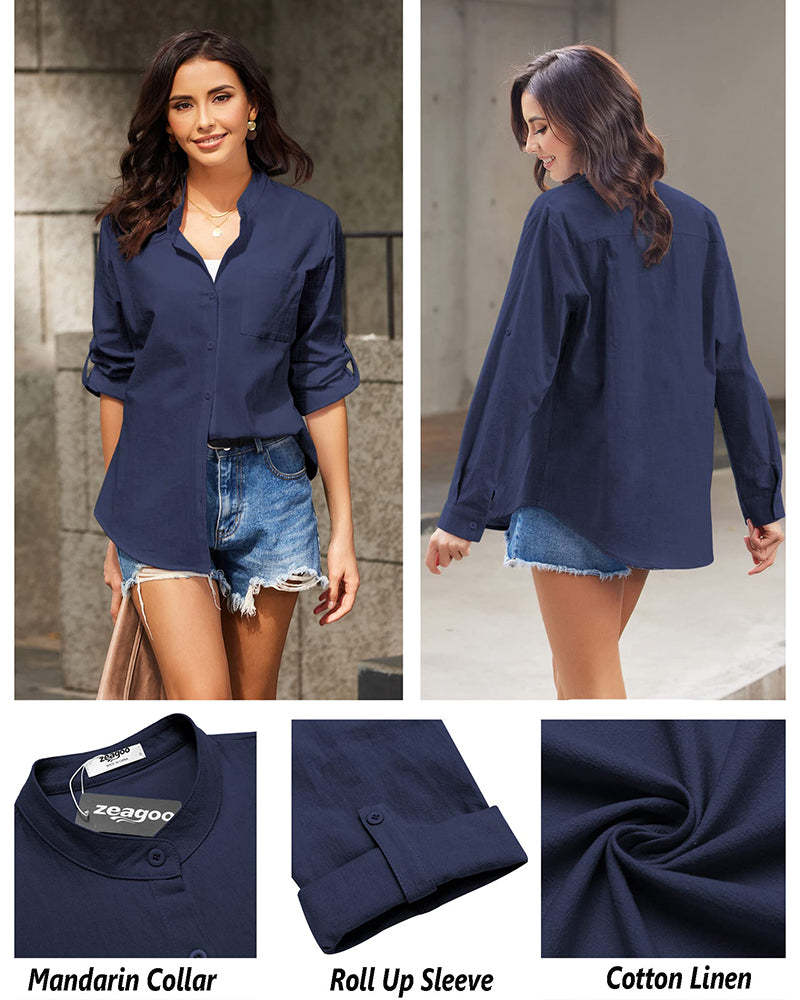 Women Cotton Linen Shirts Beach V Neck Roll Up Sleeve Button Down Blouses Shirts Summer Casual Dress Tops - Zeagoo (Us Only)-tidenox
