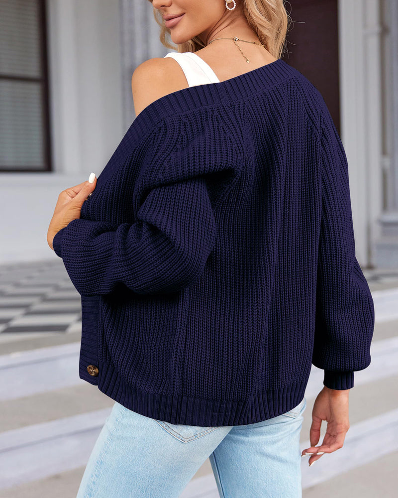 Zeagoo Women's 2023 Fall Chunky Knit Cardigans Open Front Long Sleeve V Neck Button Loose Cardigan Sweaters-tidenox