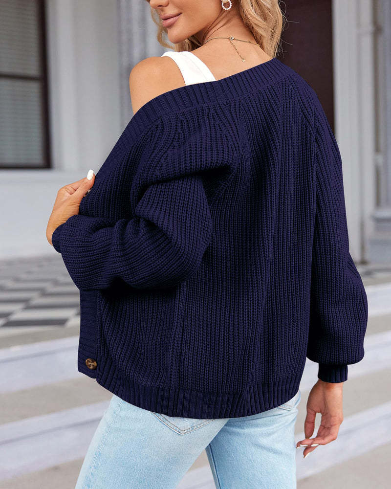 Zeagoo Women's 2023 Fall Chunky Knit Cardigans Open Front Long Sleeve V Neck Button Loose Cardigan Sweaters-tidenox