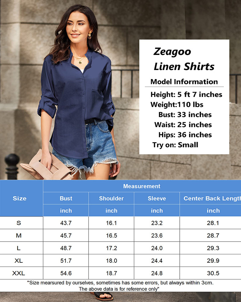 Women Cotton Linen Shirts Beach V Neck Roll Up Sleeve Button Down Blouses Shirts Summer Casual Dress Tops - Zeagoo (Us Only)-tidenox