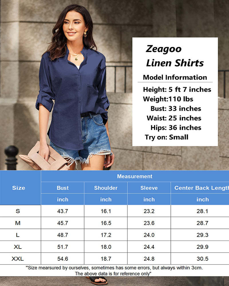 Women Cotton Linen Shirts Beach V Neck Roll Up Sleeve Button Down Blouses Shirts Summer Casual Dress Tops - Zeagoo (Us Only)-tidenox