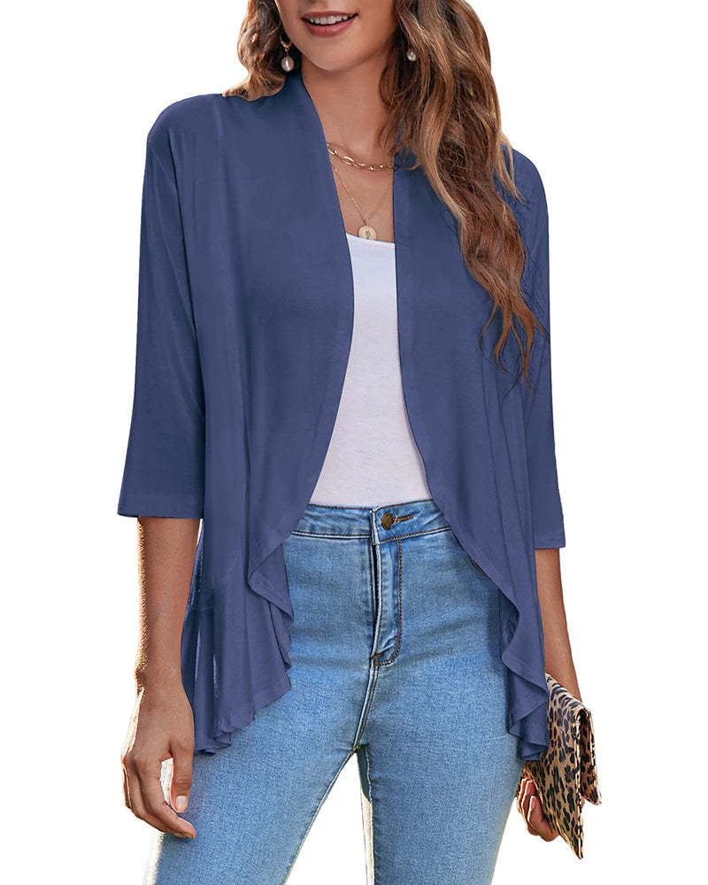 Women's Open Front Cardigan 3/4 Sleeve Draped Ruffles Soft Knit Sweaters - Zeagoo (Us Only)-tidenox