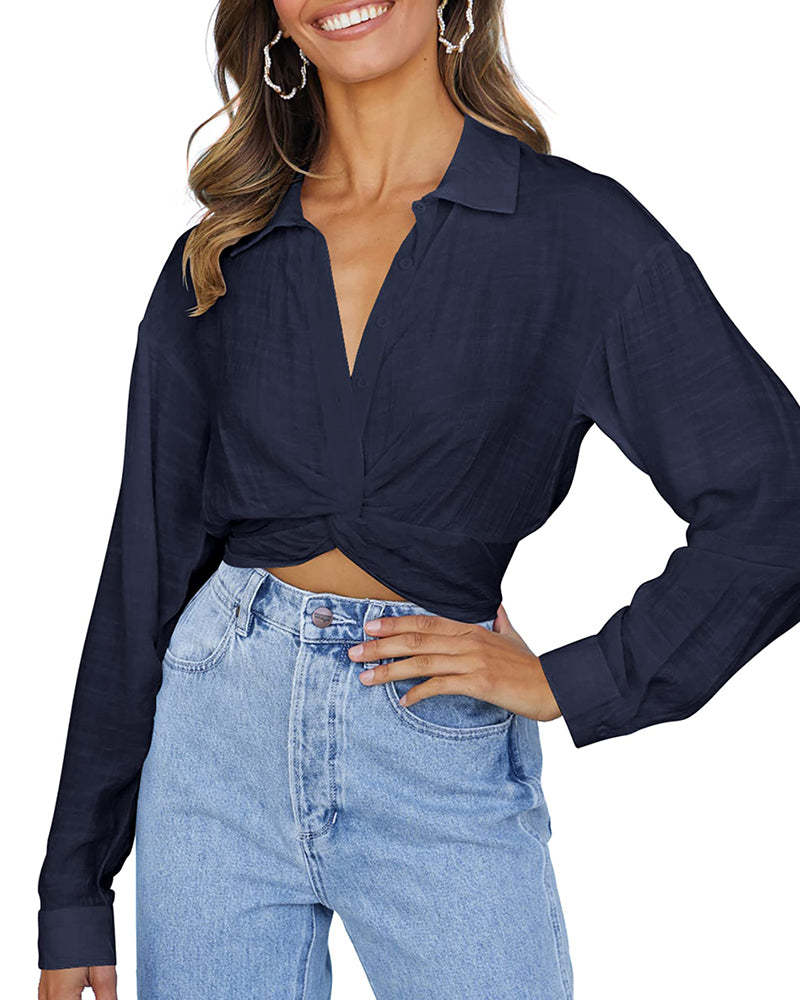 Zeagoo Women's V Neck Twist Hem Blouse Long Sleeve Crop Top Casual Button Shirts-tidenox