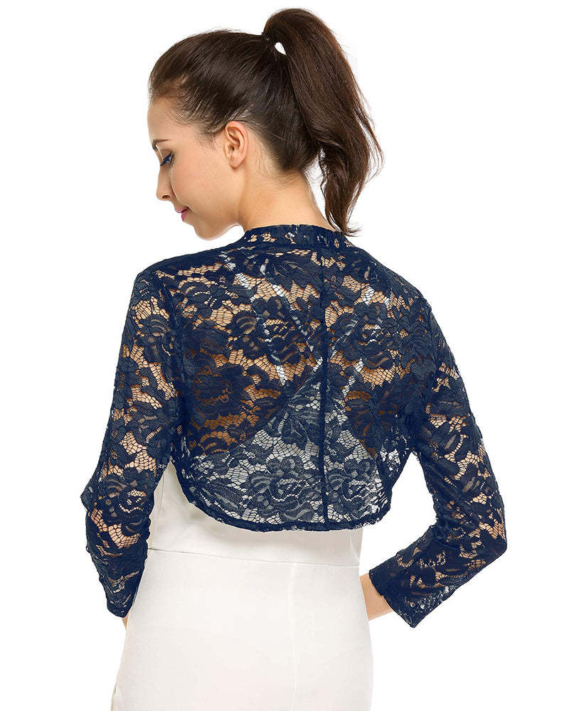 Women's 3 4 Sleeve Bolero Shrugs Crochet Lace Open Cardigan - Zeagoo (Us Only)-tidenox