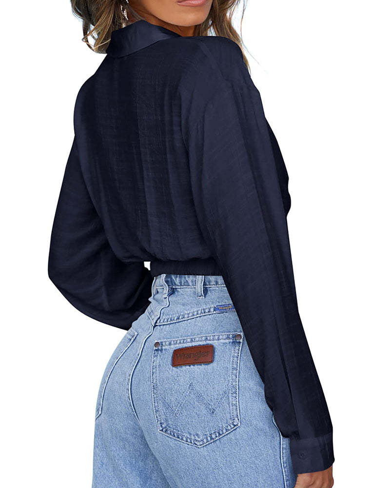 Zeagoo Women's V Neck Twist Hem Blouse Long Sleeve Crop Top Casual Button Shirts-tidenox