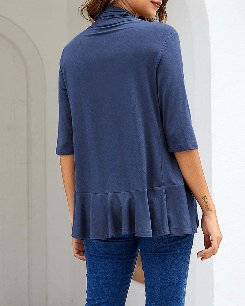 Women's Open Front Cardigan 3/4 Sleeve Draped Ruffles Soft Knit Sweaters - Zeagoo (Us Only)-tidenox