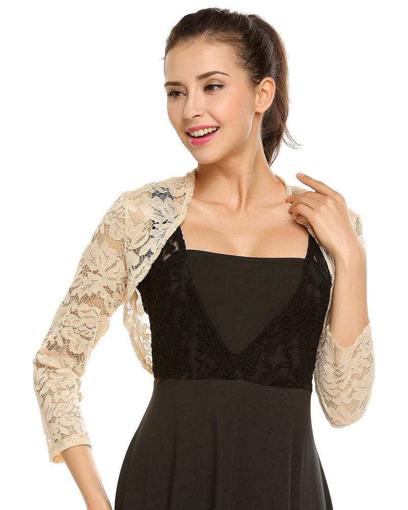 Women's 3 4 Sleeve Bolero Shrugs Crochet Lace Open Cardigan - Zeagoo (Us Only)-tidenox