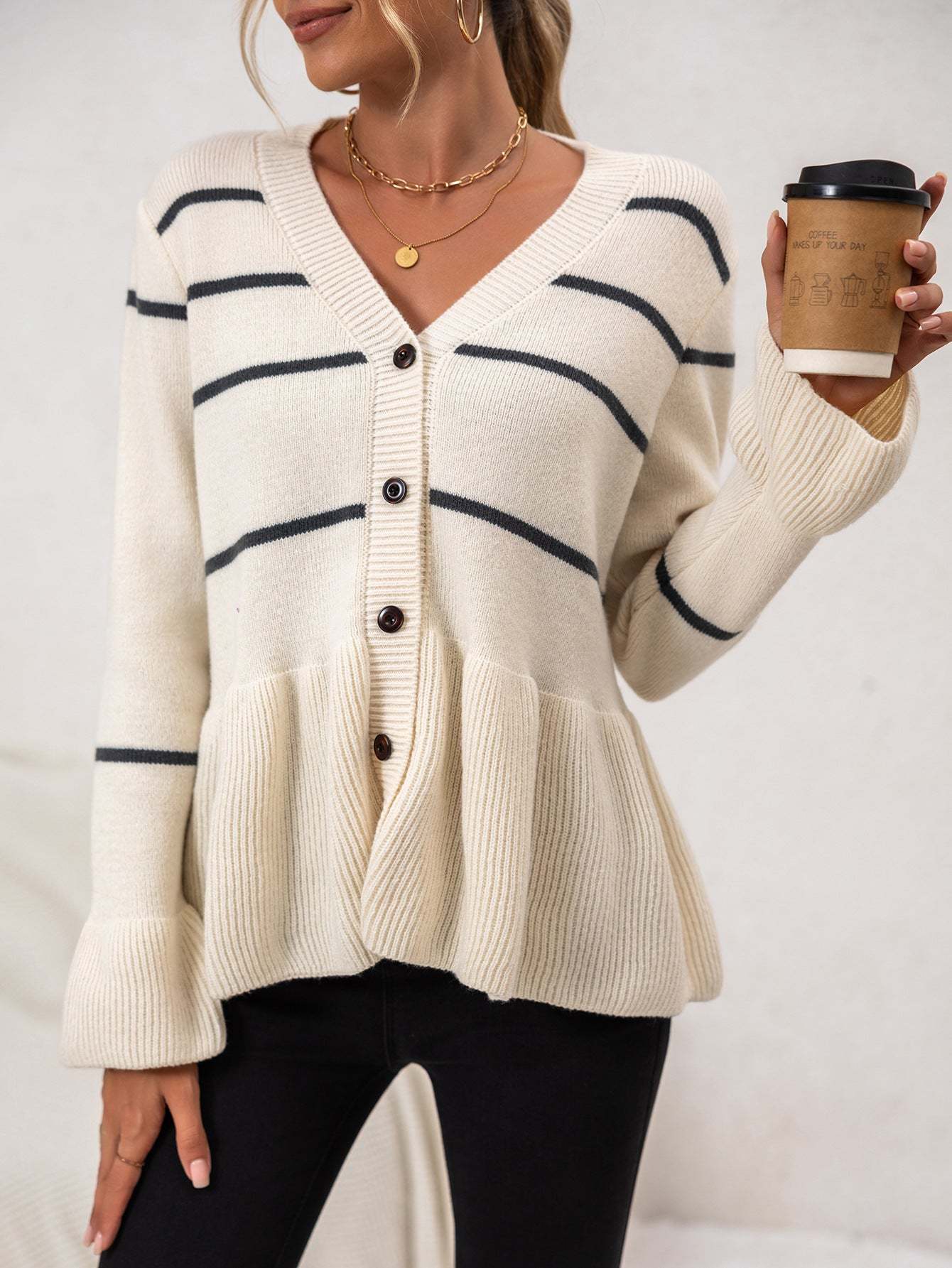Soft Women’s Striped Cardigan - V Neck Buttoned, Knit, Fall-tidenox