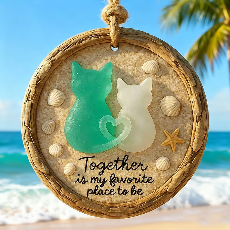 "Together Is My Favorite Place to Be” Sea Glass Cat Beach Ornament-tidenox